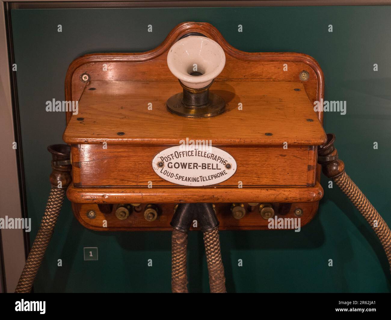 A Post Office telegraphs Gower-Bell loud speaking telephone (1881) on display in the Postal Museum in London, UK. Stock Photo