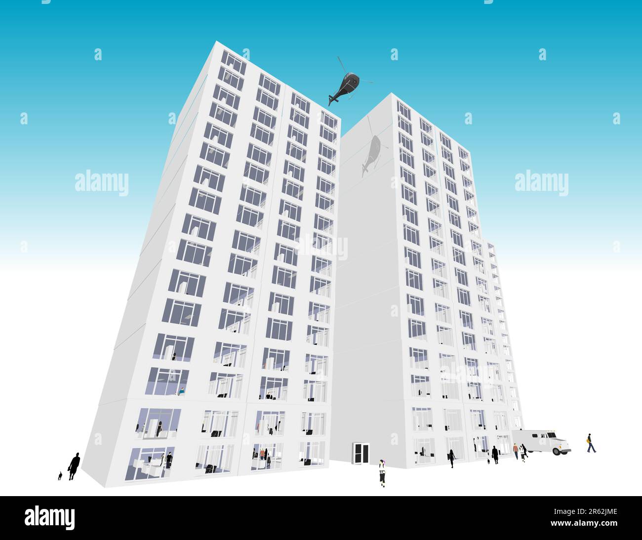 Skyscraper / Office Block / Campus in vector format. Every feature of each building including doors and windows can be edited or colored to suit. Stock Vector