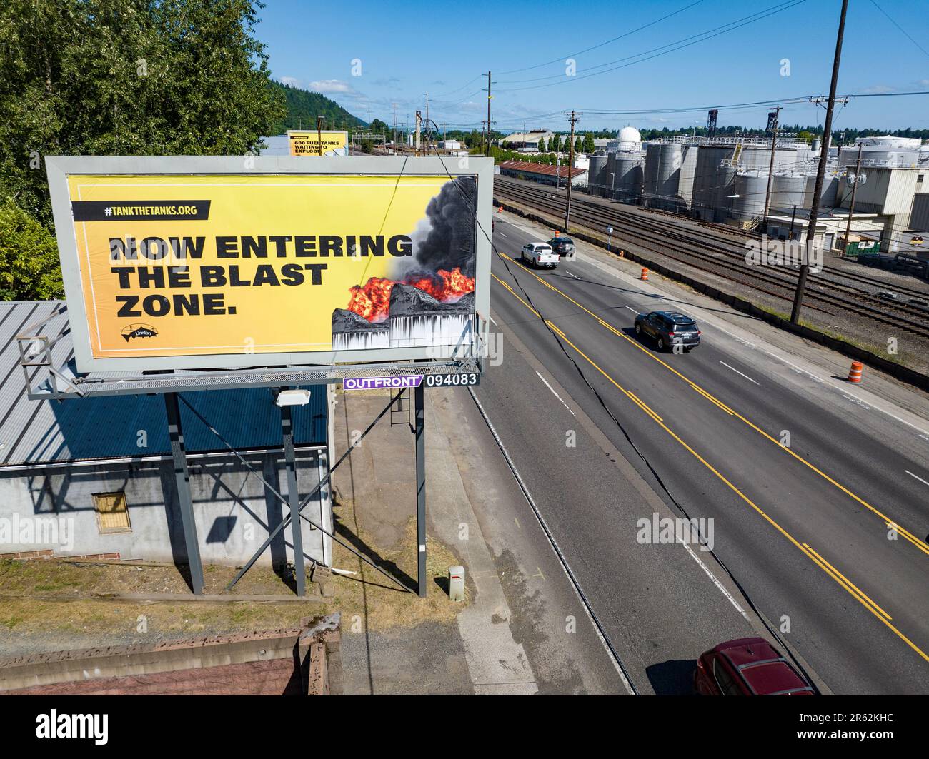 A citizens action group - TankTheTanks.org - has erected informational billboards on Oregon Highway 30 as it runs between Portland and Linnton, Oregon. The signs warn the public of the hazard posed by tank farms containing hazardous chemicals and petroleum products that could pose serious risk to life if subjected with a natural or man created event. The group says that the aging tanks - many of which sit on infill - could be damaged or explode spilling their contents into the Willamette and downstream, the Columbia Rivers potentially causing an extreme threat to life. Stock Photo