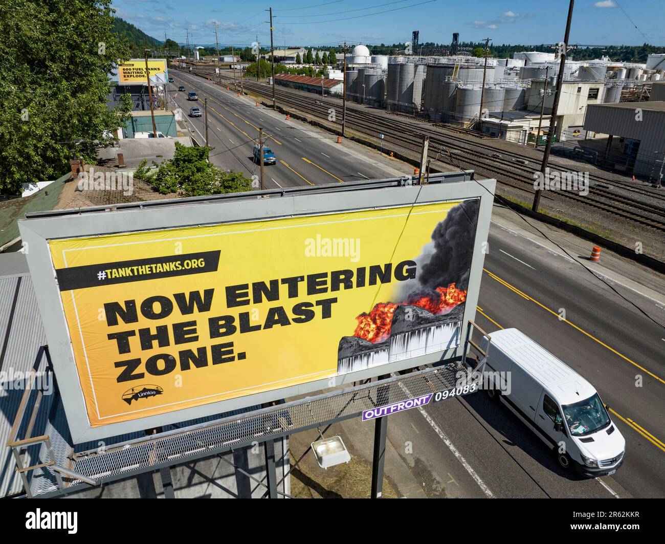 A citizens action group - TankTheTanks.org - has erected informational billboards on Oregon Highway 30 as it runs between Portland and Linnton, Oregon. The signs warn the public of the hazard posed by tank farms containing hazardous chemicals and petroleum products that could pose serious risk to life if subjected with a natural or man created event. The group says that the aging tanks - many of which sit on infill - could be damaged or explode spilling their contents into the Willamette and downstream, the Columbia Rivers potentially causing an extreme threat to life. Stock Photo