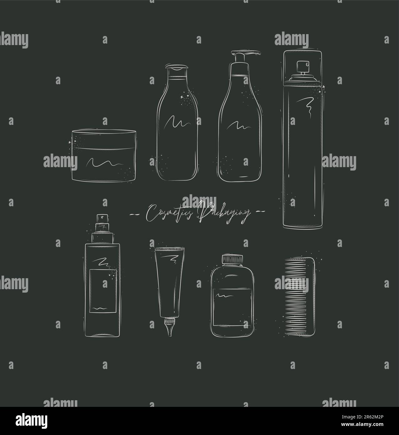 Hair cosmetics packaging containers drawing on black background Stock Vector