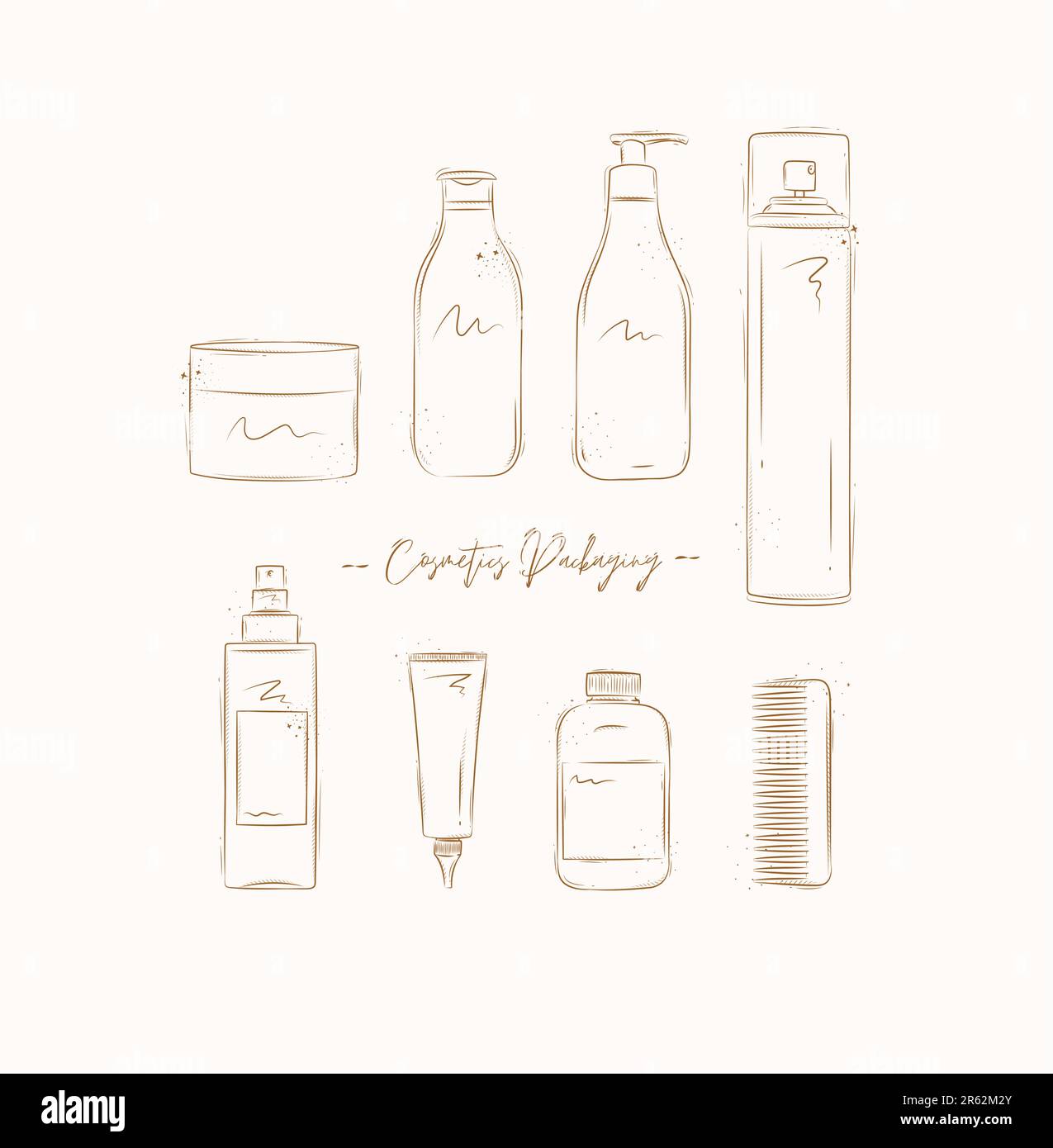 Hair cosmetics packaging containers drawing on brown background Stock Vector
