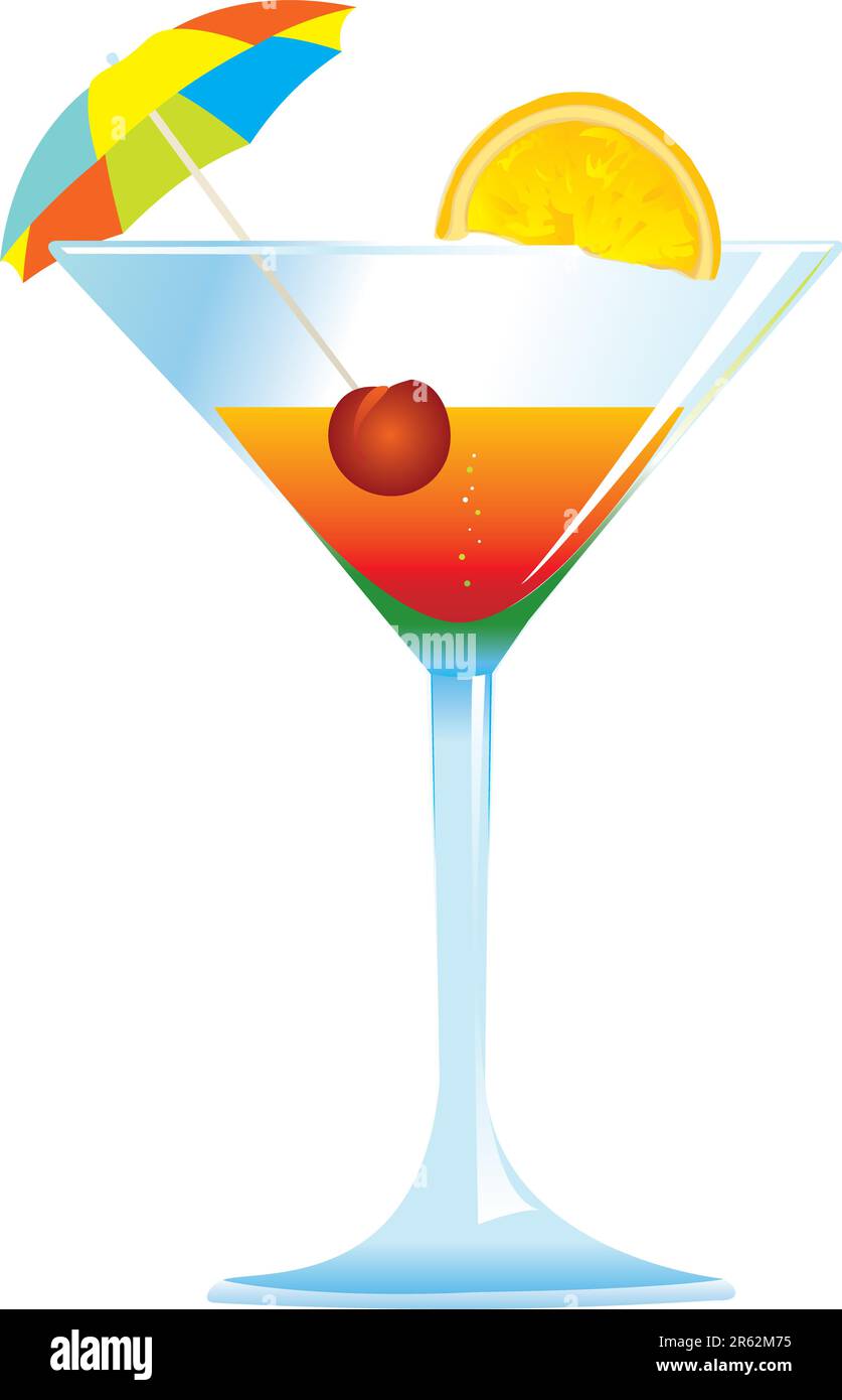 Dressed cocktail with umbrella, cherry and orange slice. Stock Vector