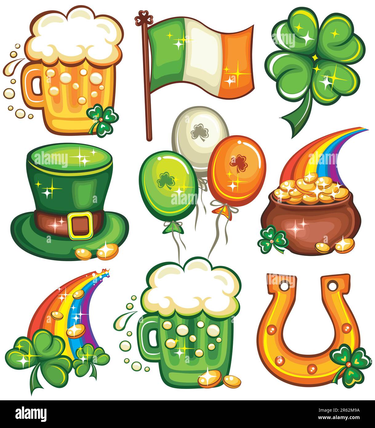Set contains St. Patrick's Day symbols: beer, Irish flag, Leprechaun top hat, balloons, pot of gold, rainbow, green beer, horseshoe, shamrock Stock Vector