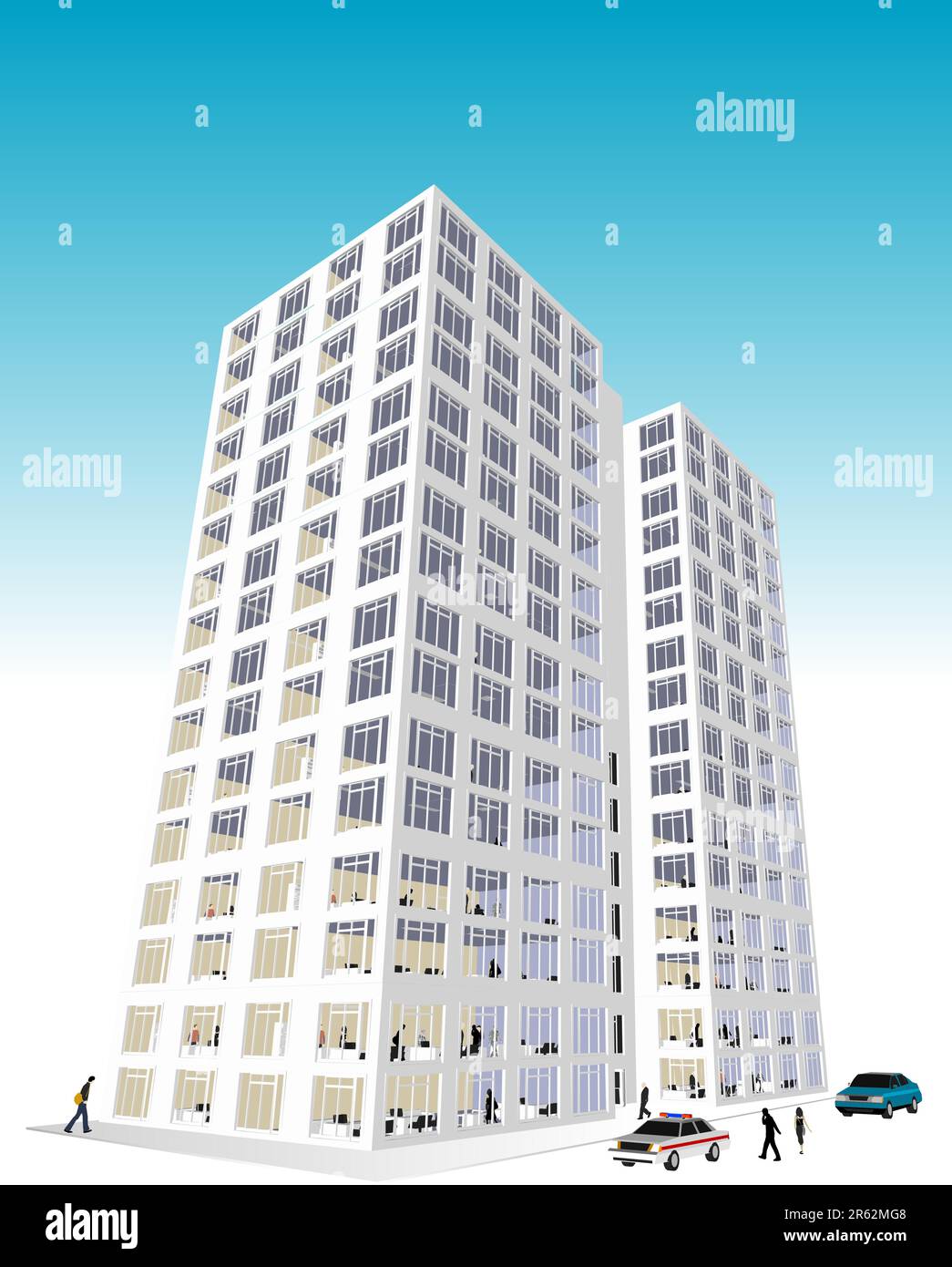 Skyscraper / Office Block in vector format. Every feature of each building including doors and windows can be edited or colored to suit. Stock Vector