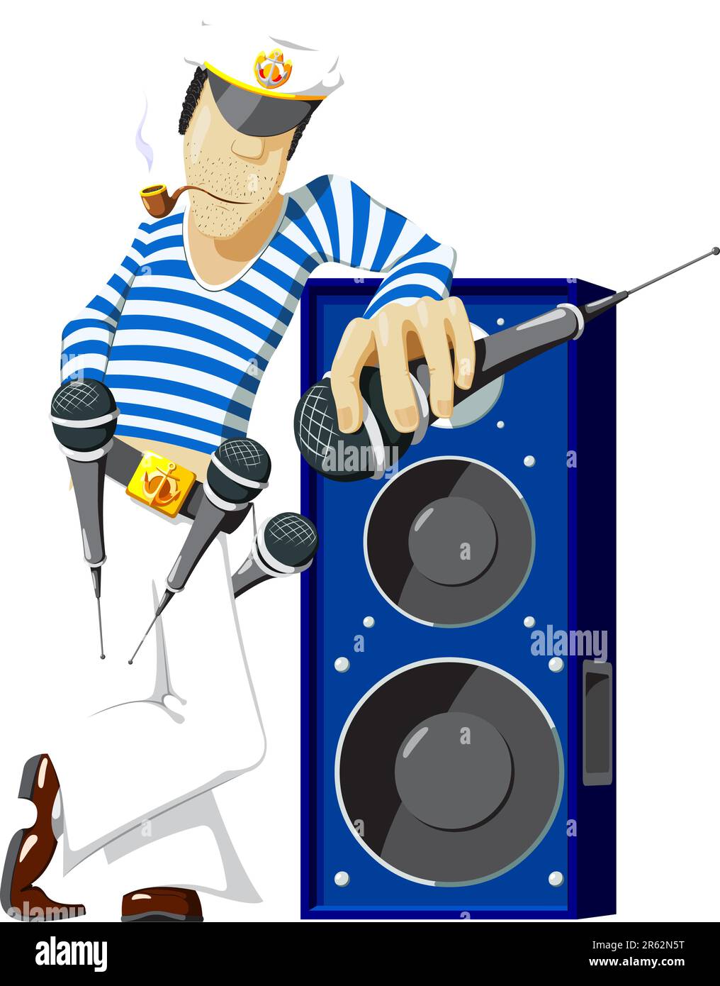 The sailor holds a microphone leaning on soundbox. Stock Vector