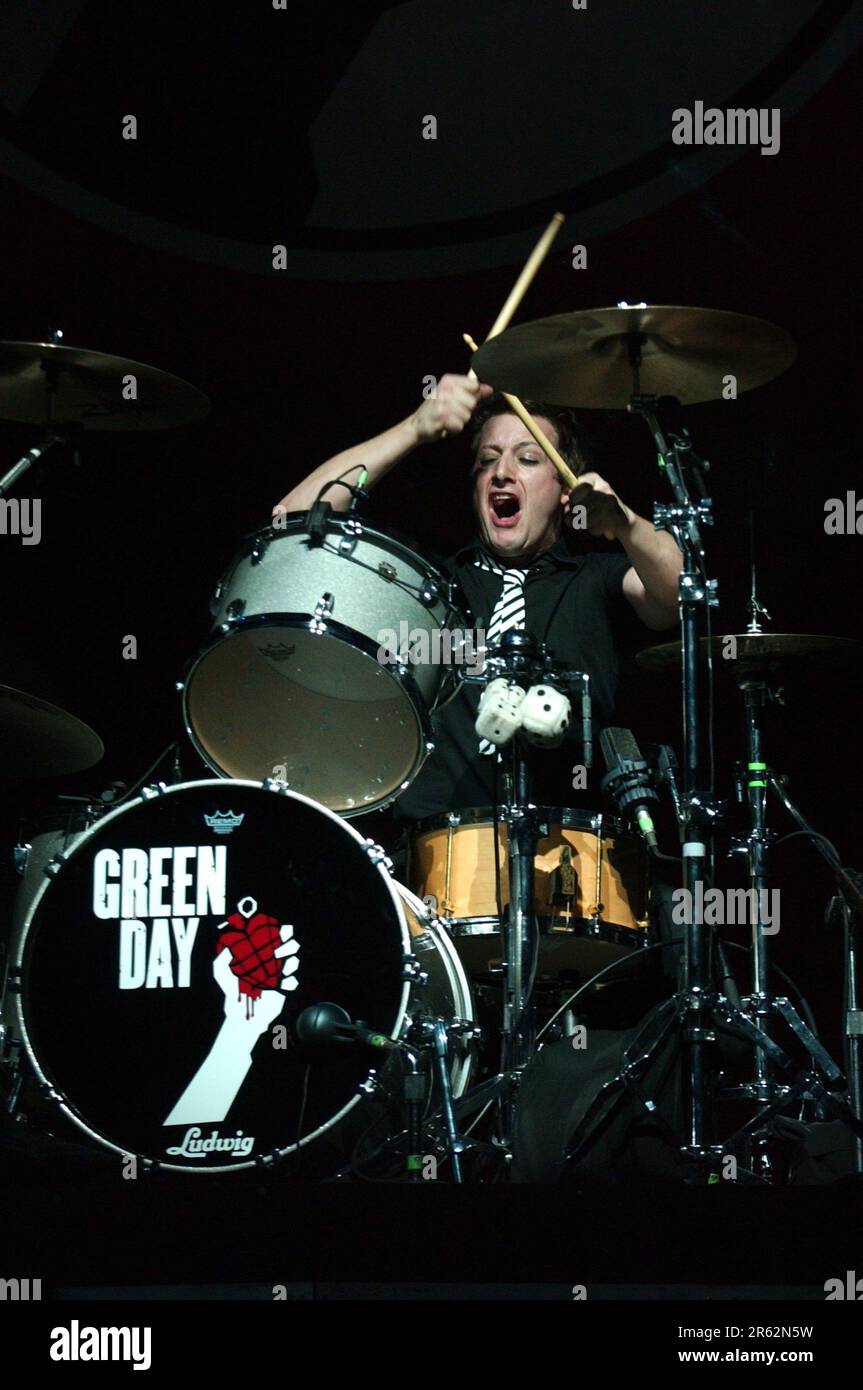 Milan Italy 2005-01-16: Tré Cool drummer of Green Day during live concert at the Forum Assago Stock Photo
