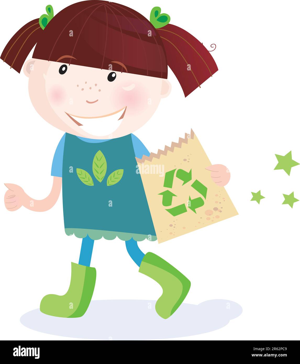 Small child holding paper bag with recycle symbol. Vector Illustration. Stock Vector