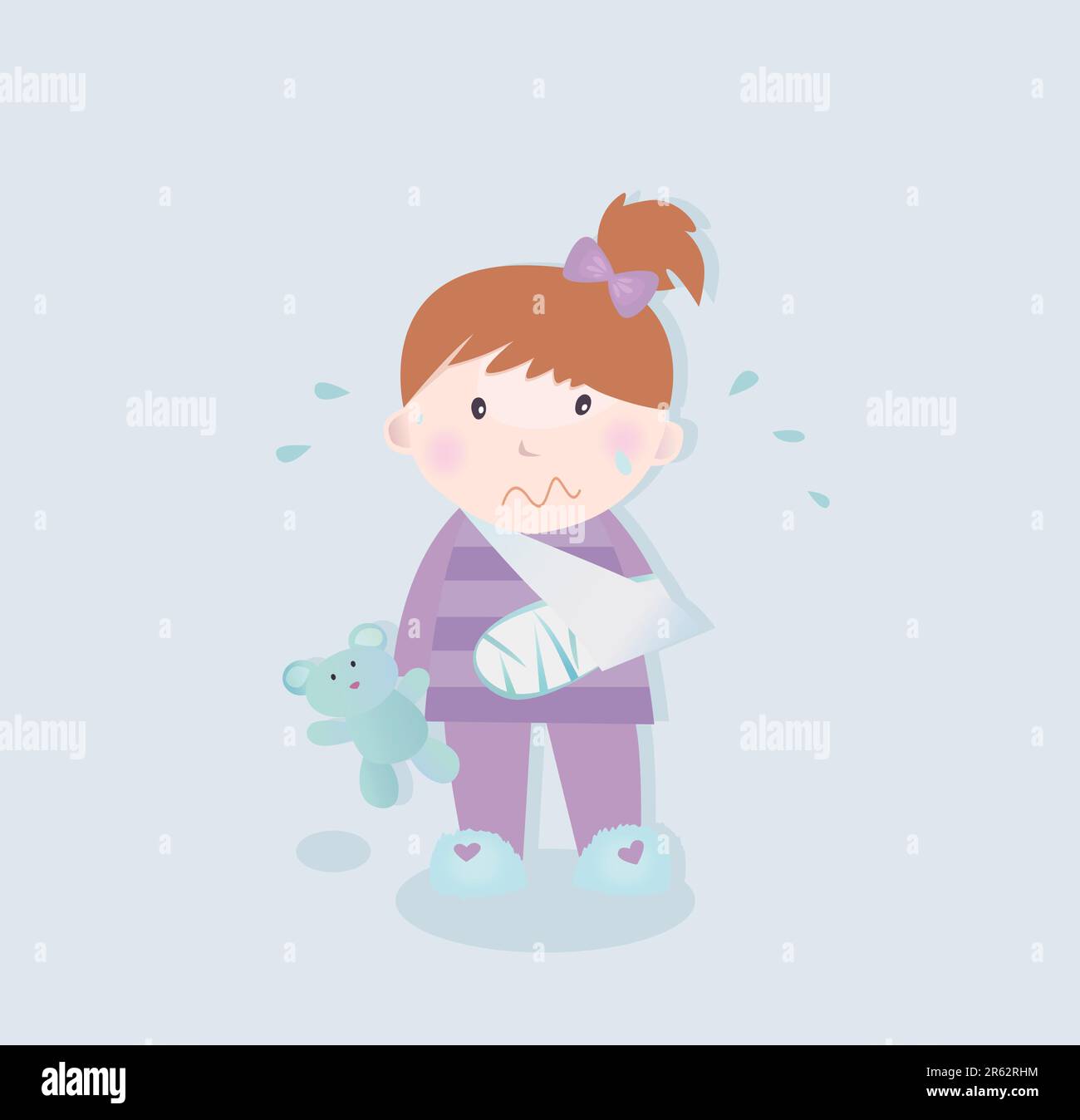 Small crying child with fractured bone and blue teddy bear. Vector Illustration. Stock Vector