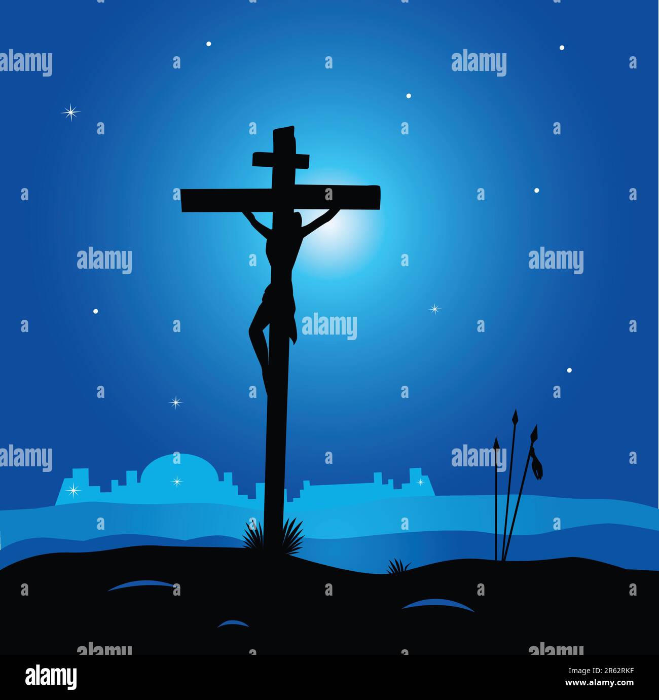 Easter calvary scene with cross in dark night. Crucifixion of Jesus Christ. Vector Illustration. Stock Vector