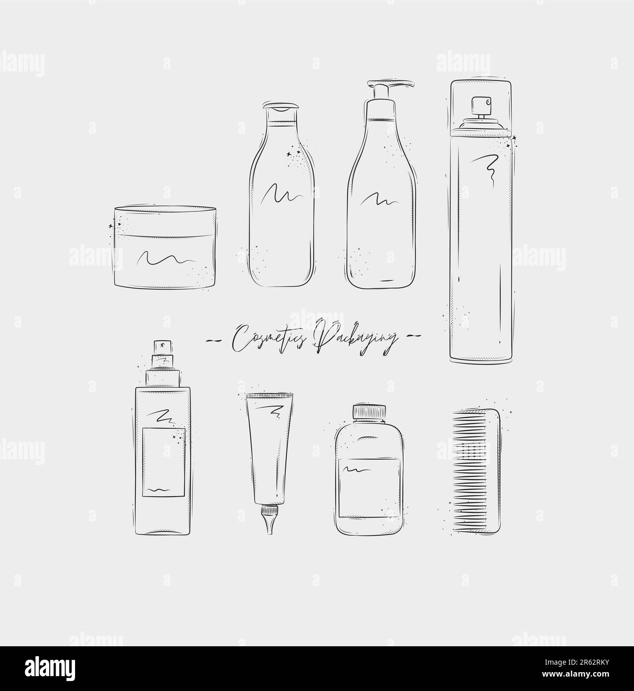 Hair cosmetics packaging containers drawing on light background Stock Vector