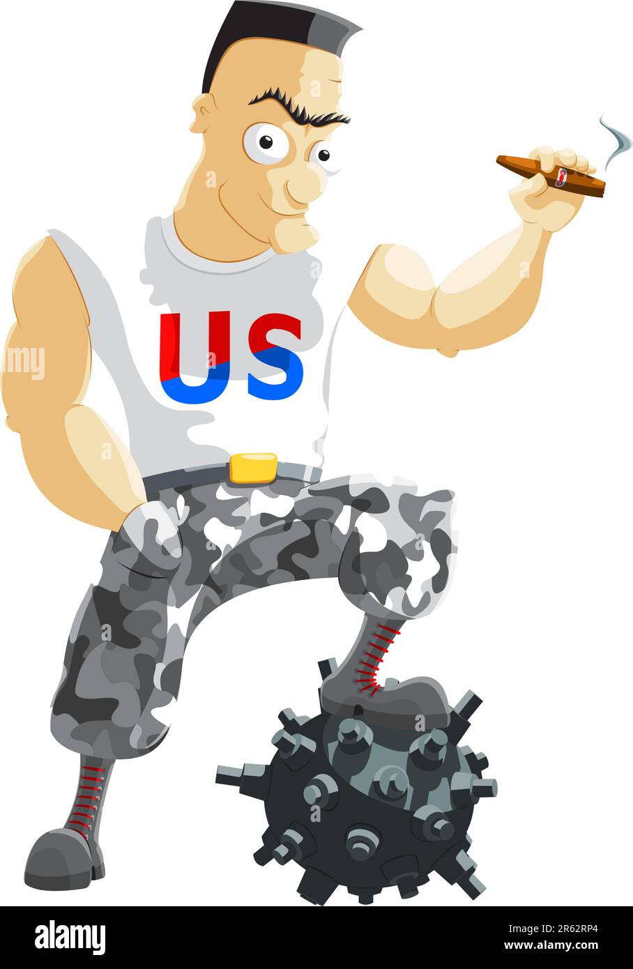 Smoking soldier put his leg on the bomb. Stock Vector