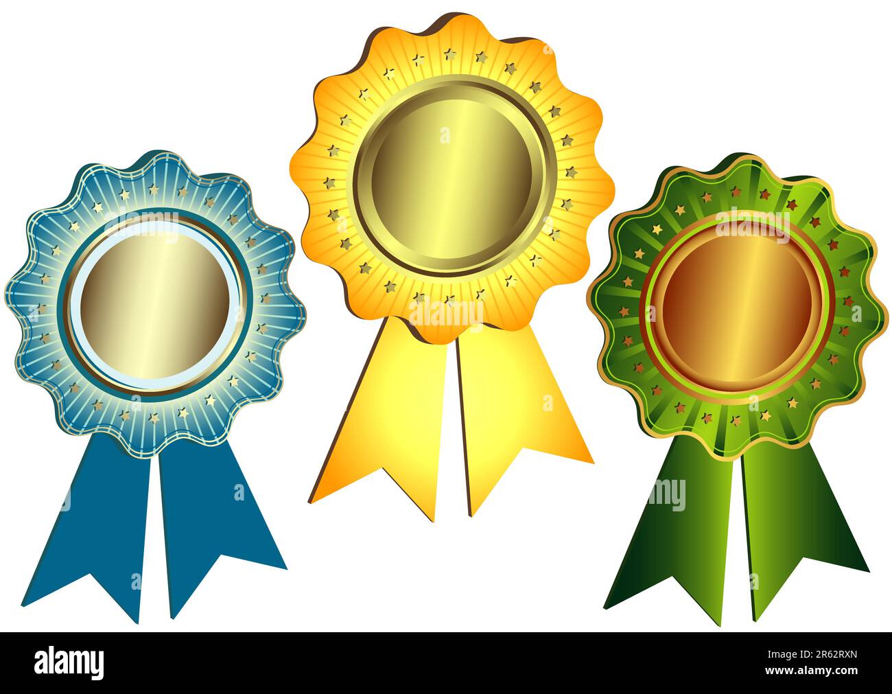 Gold, silver and bronze awards with ribbons and stars on white
