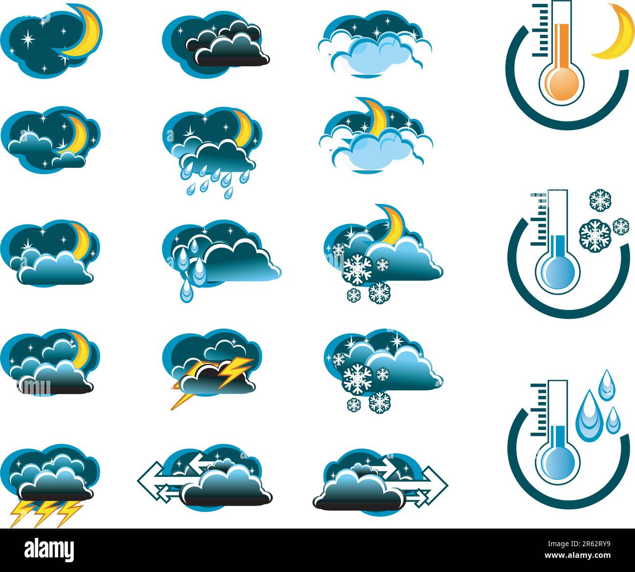 Weather Forecast vector icone set (night) and Thermometers Stock Vector