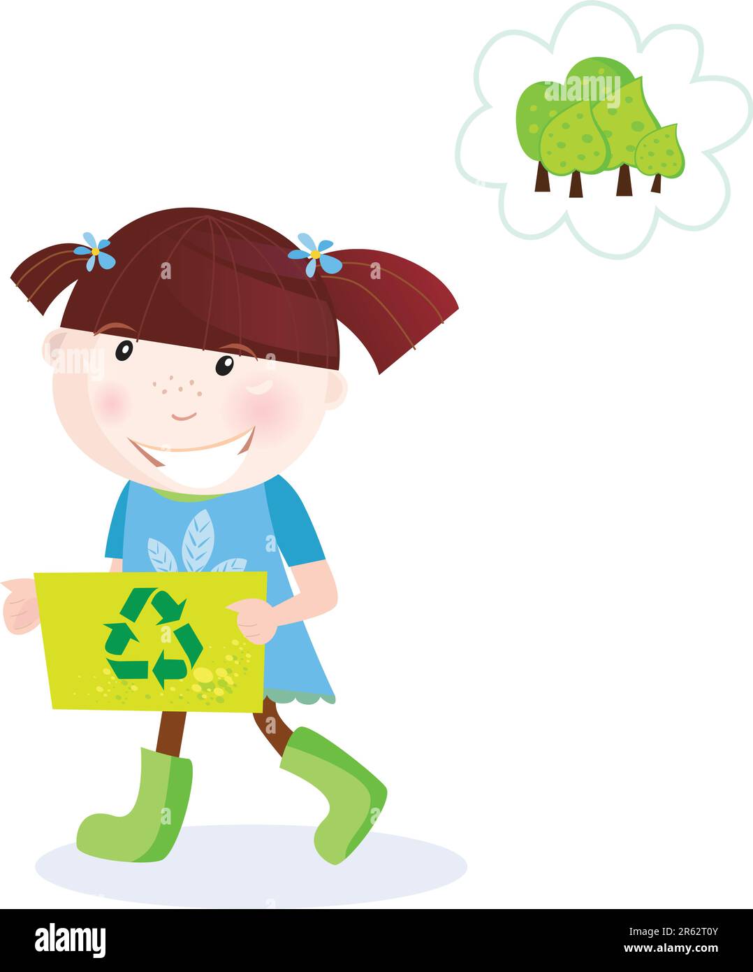 Recycle and save our planet! Smal girl with recycling box. Vector Illustration. Stock Vector