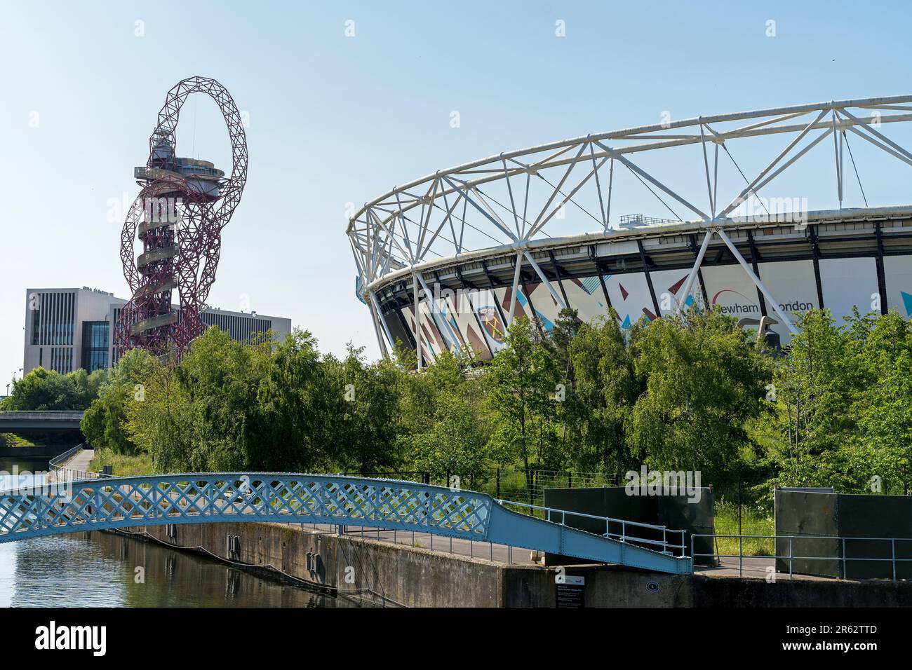 The Queen Elizabeth Olympic Park on a sunny day with the West Hams London Stadium in the distance. London - 4th June 2023 Stock Photo
