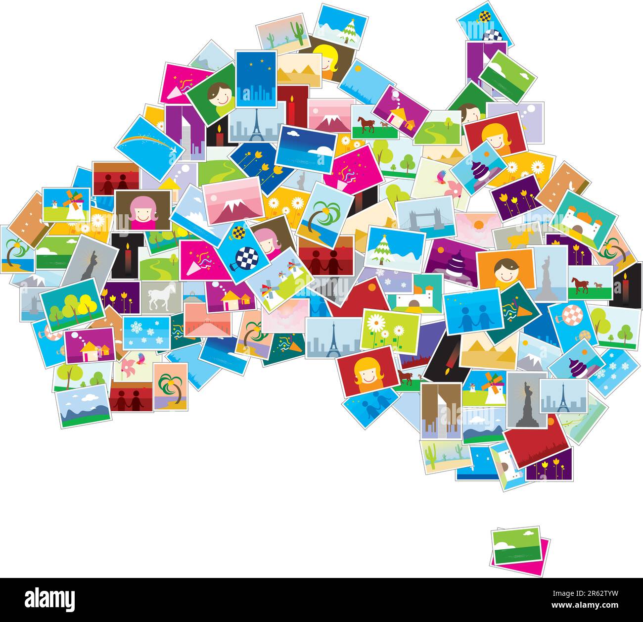 An abstract map of Australia created by strategic arrangement of small illustrations. Stock Vector
