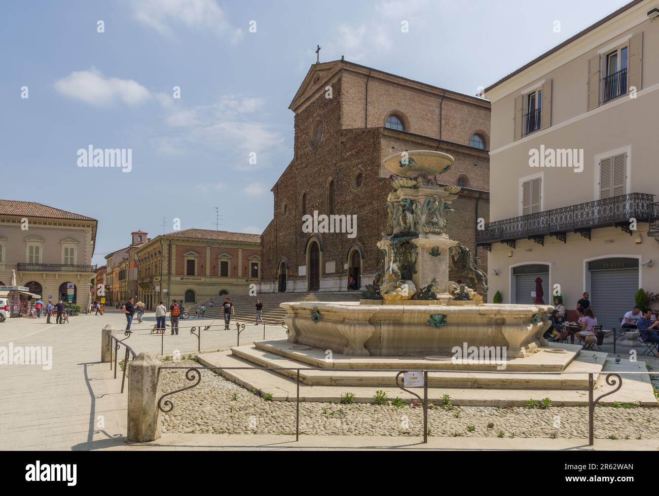 Faenza, Italy (3rd June 2023) - Piazza del popolo square with the renaissance cathedral and the old fountain Stock Photo