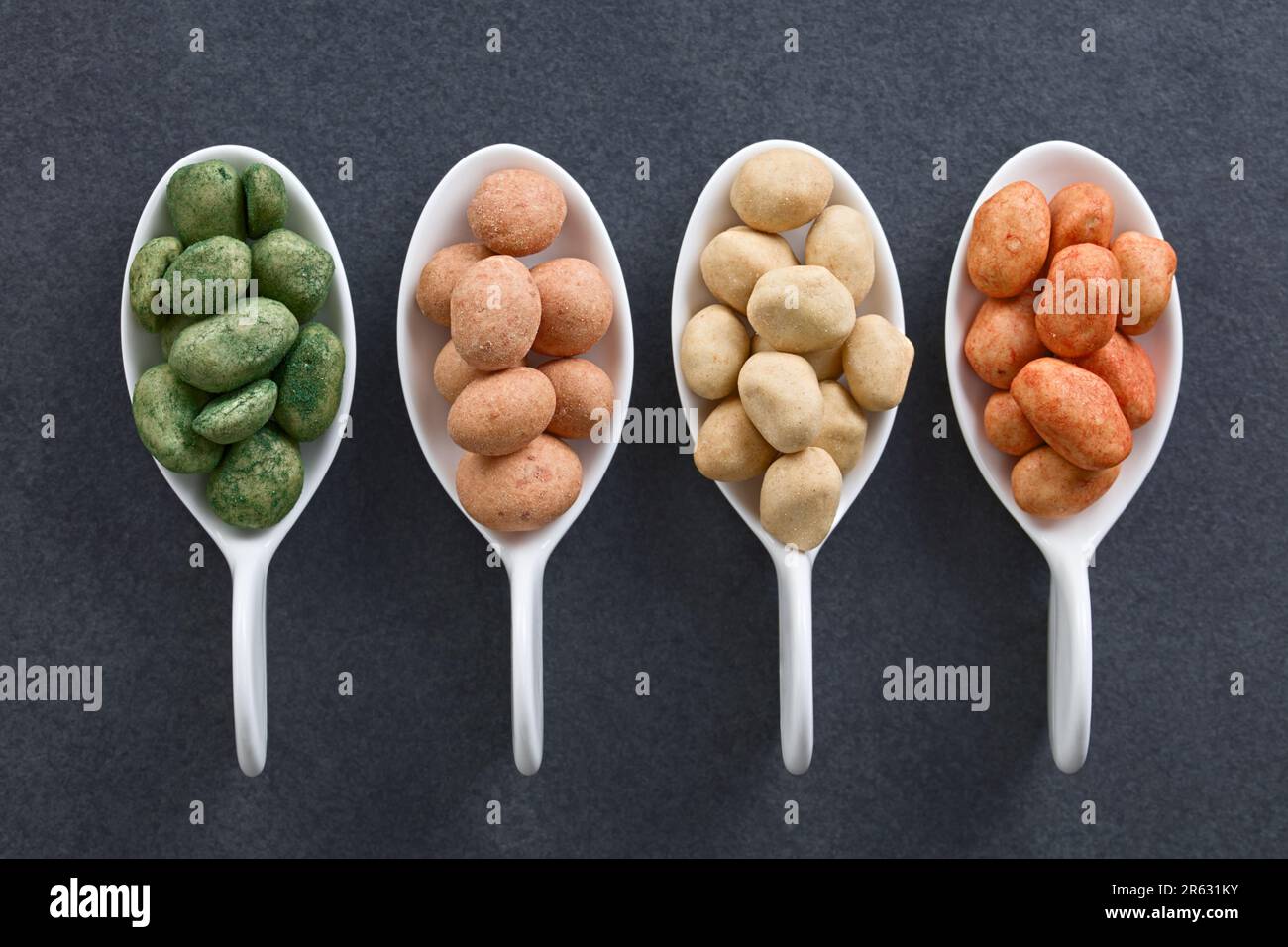 Variety of Japanesestyle crunchy coated peanuts or cracker nuts with