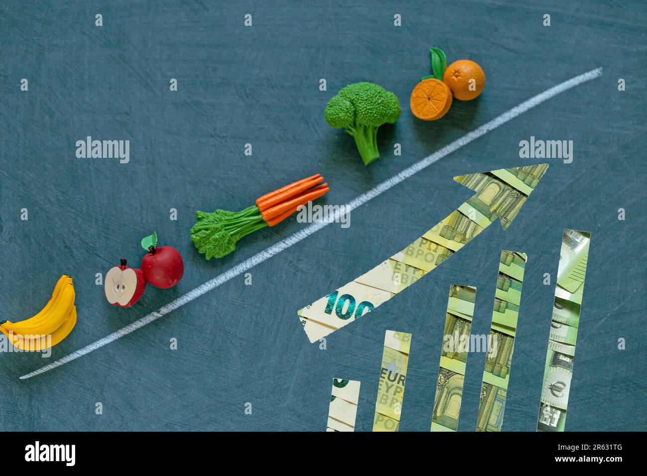 Food prices in Europe.vegetables and fruits and euro bills up arrows on