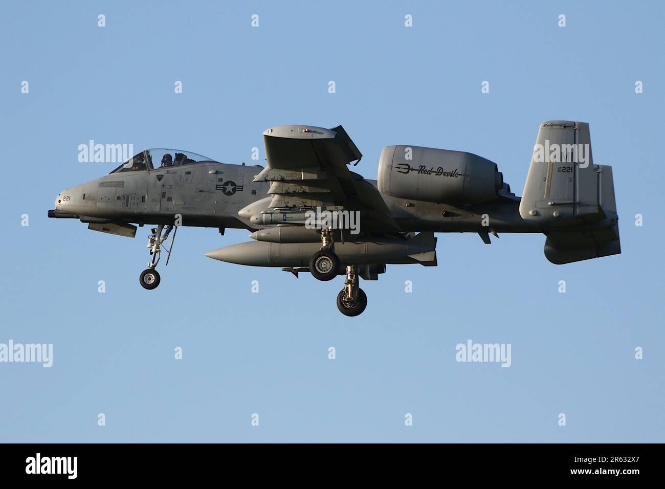 80-0221, a Fairchild Republic A-10C Thunderbolt II (or Warthog) operated by the 107th Fighter Squadron 'The Red Devils' from the 127th Operations Group of the Michigan Air National Guard, United States Air Force, arriving at Prestwick International Airport in Ayrshire. The aircraft was one of twelve A-10Cs routing through Prestwick on the day (18 in total including six from the previous day) to take part in Exercise Air Defender 2023 being held in Germany. Stock Photo