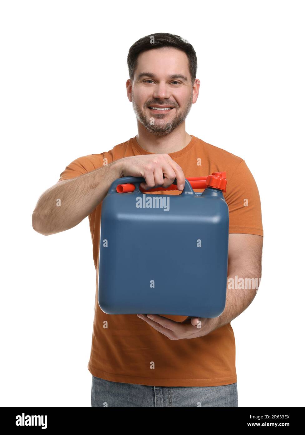 Man holding blue canister on white background Stock Photo Alamy