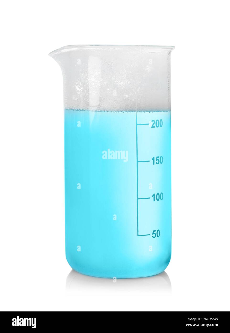 Laboratory beaker with colorful liquid isolated on white. Chemical