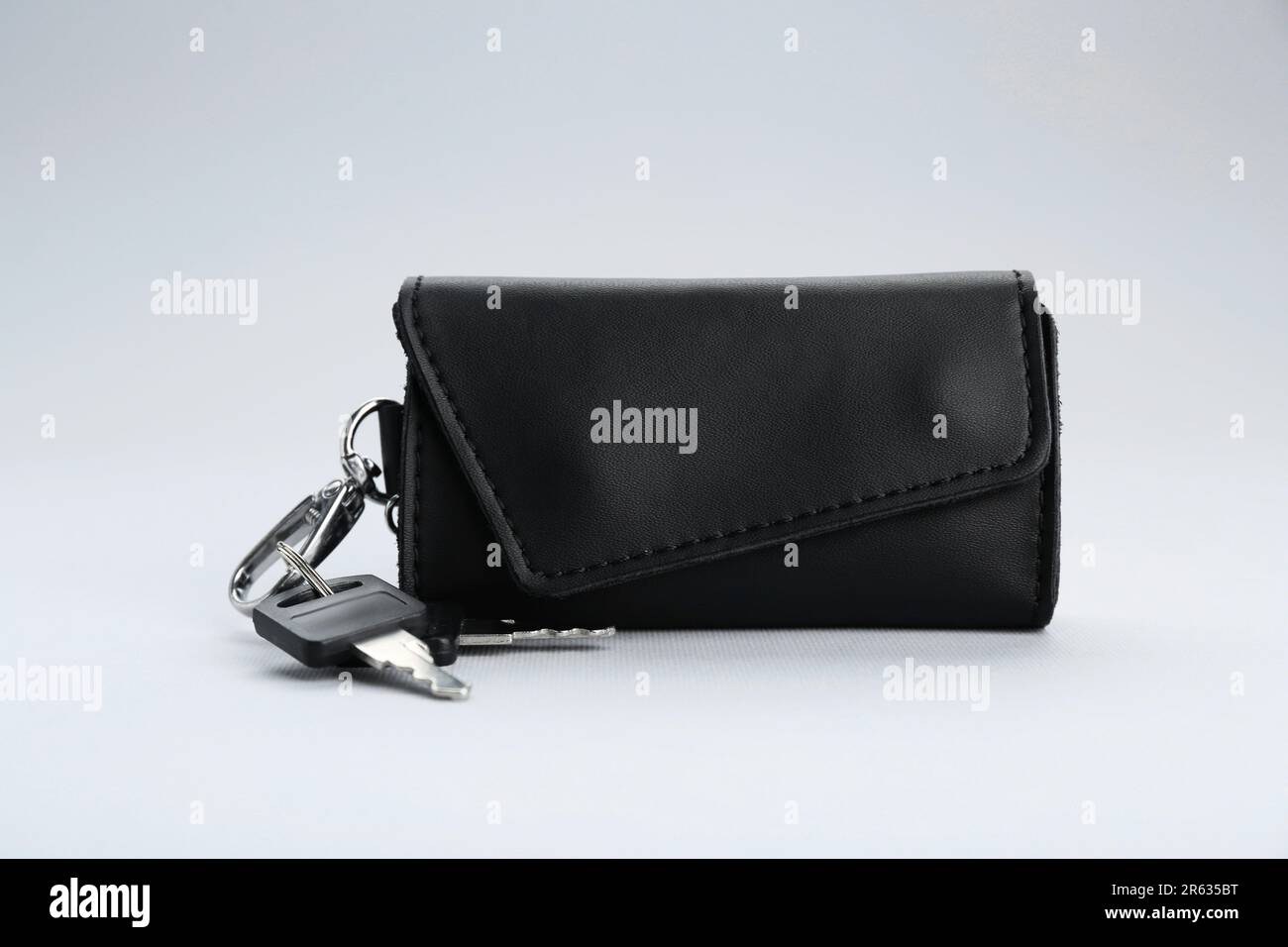 Leather case with keys on light grey background Stock Photo
