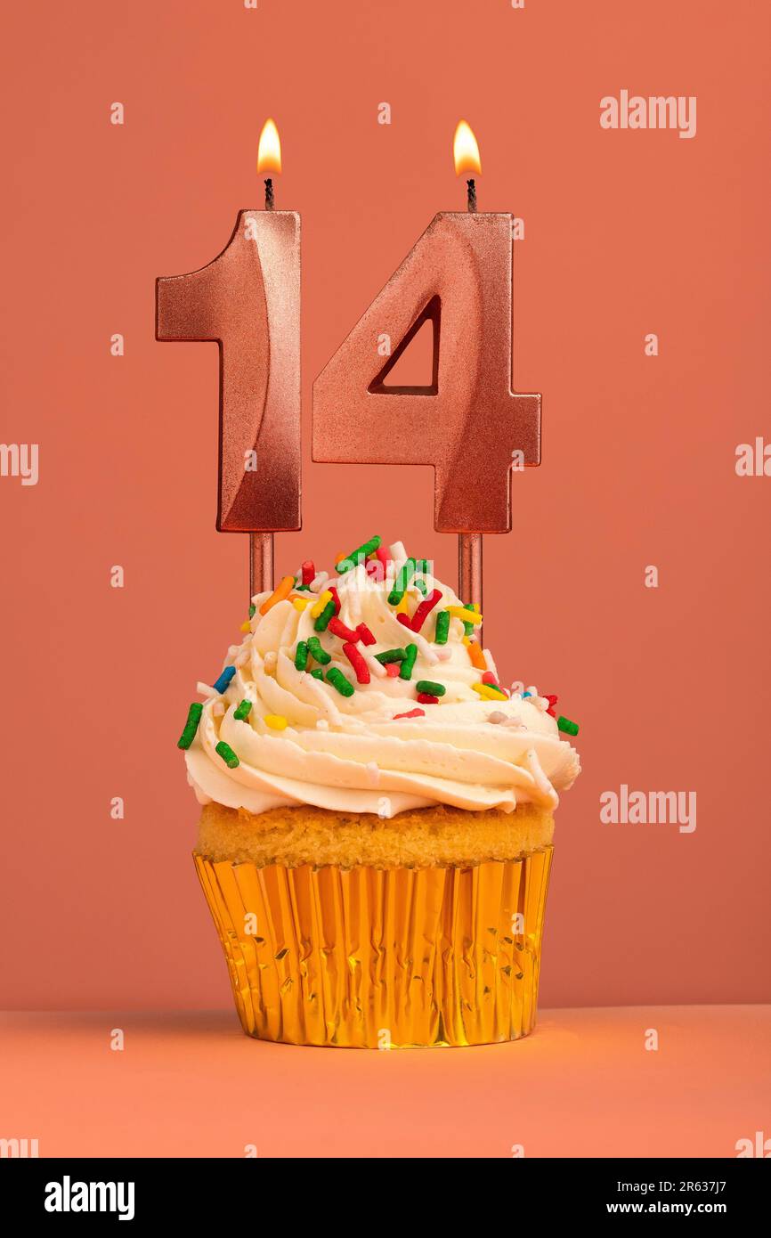 Candle number 14 - Cake birthday in coral fusion background Stock Photo