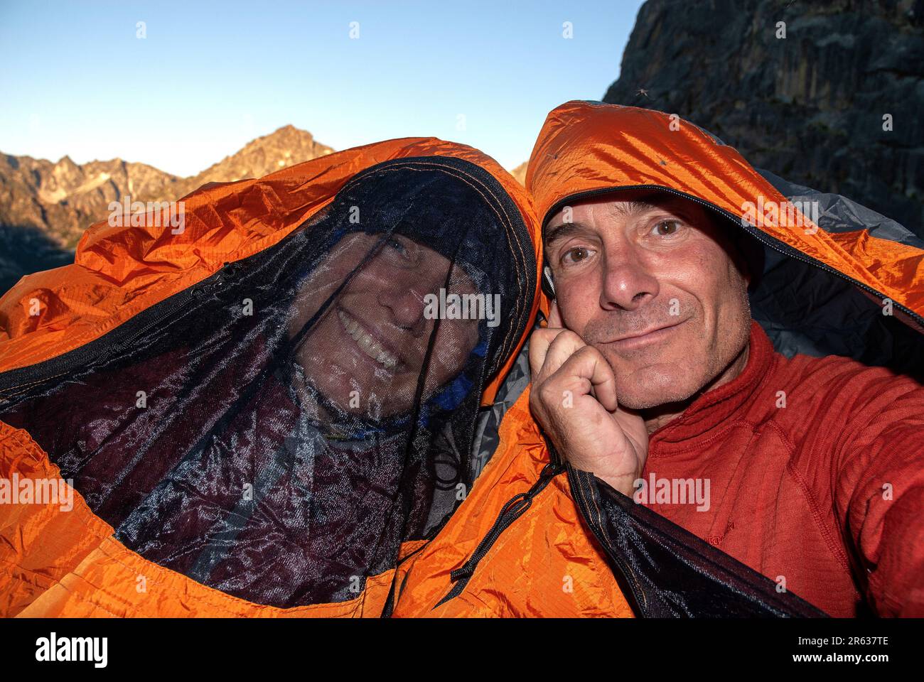 Climbing couple at bivouac below Mt Stuart. Washington State. USA Stock Photo