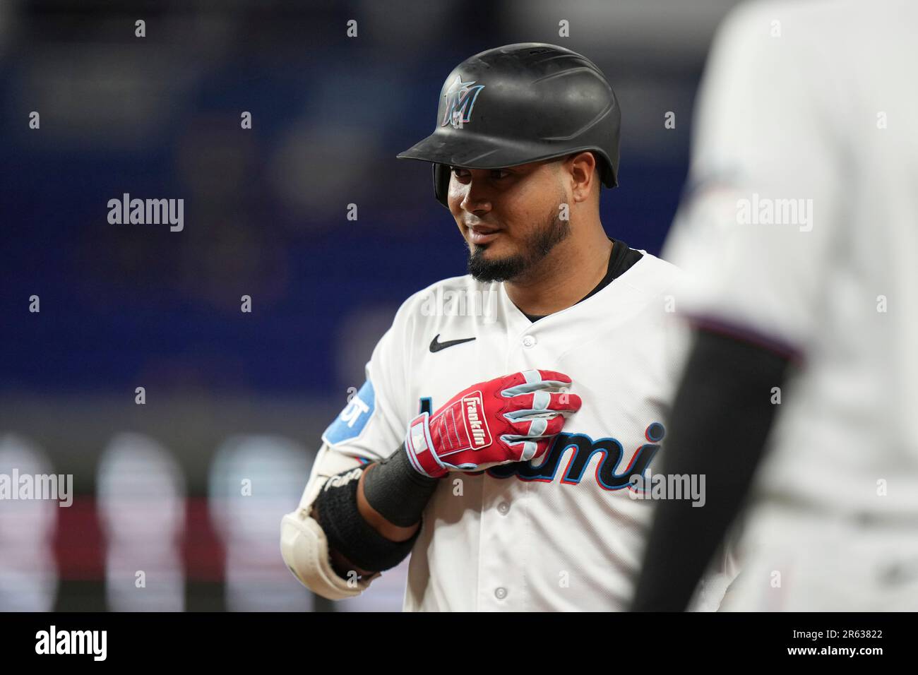 MIAMI, FL - JUNE 06: Miami Marlins second baseman Luis Arraez (3) smiles  after his second hit of the game during the game between the Kansas City  Royals and the Miami Marlins