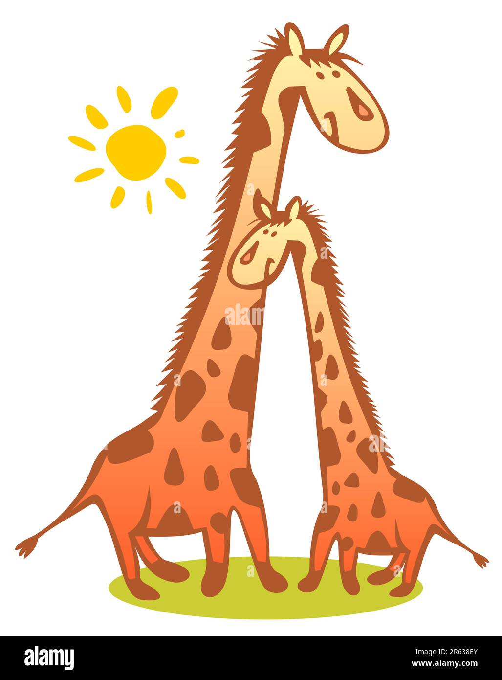 Two funny giraffes and sun isolated on a white background. Stock Vector