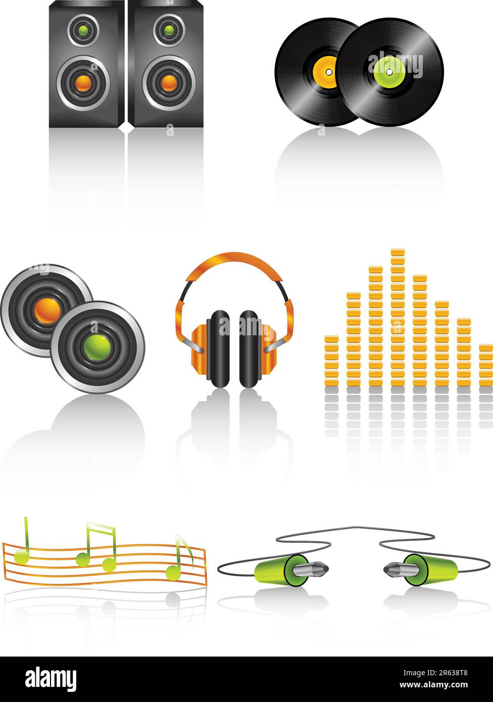 Vector illustration of speakers, vinyl discs, headphones, equalizer