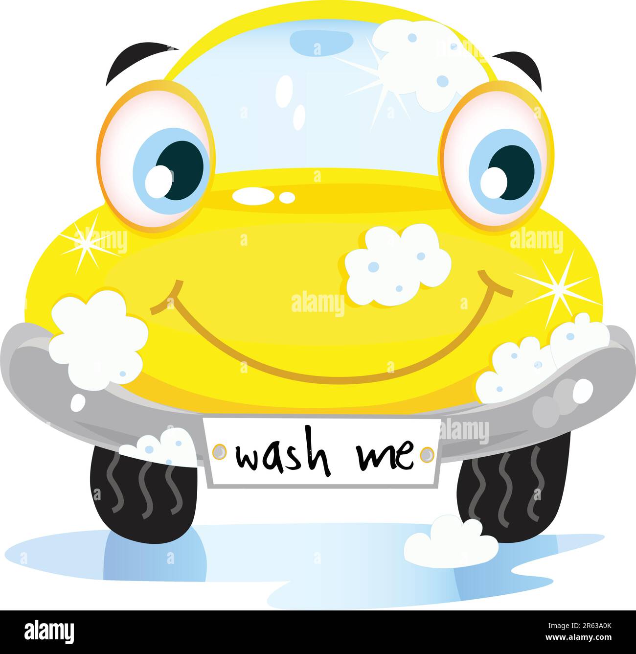 Vector illustration of happy yellow car in car wash cleaning service