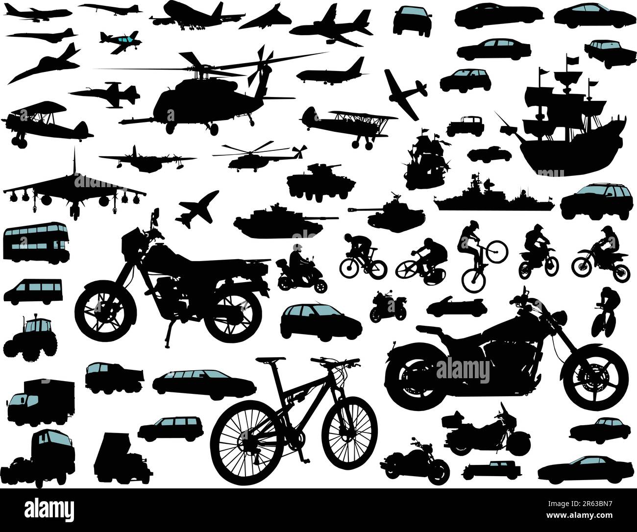Set of transportation silhouettes: cars, planes, bikes, ships Stock Vector
