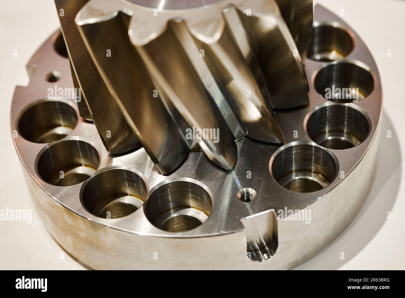 Helical gear. Backlash free spur gear system on light Stock Photo Alamy
