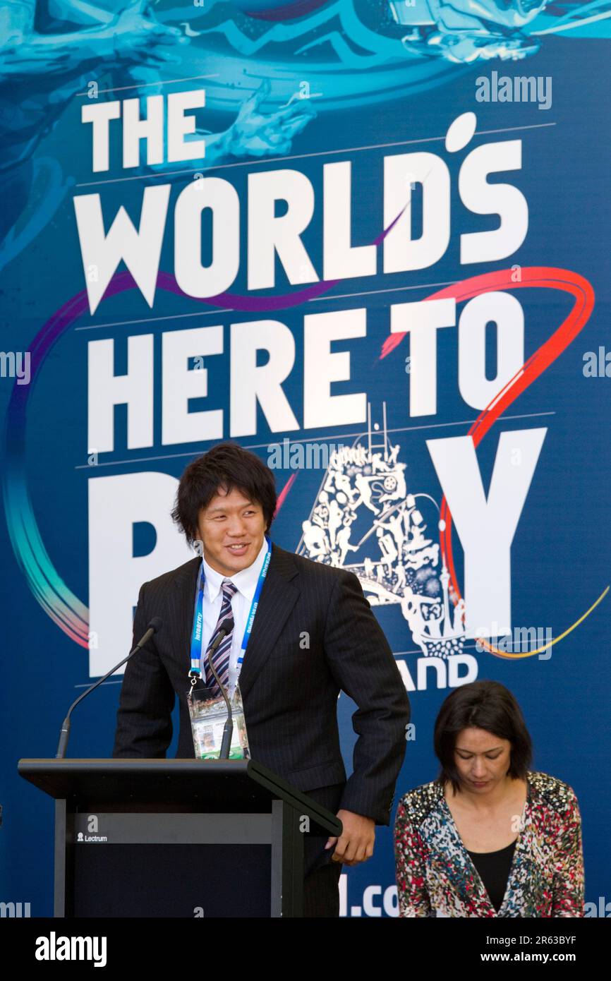 Captain Takashi Kikutani speaks on behalf of the Japanese Rugby Team at the first Rugby World Cup official welcome ceremony, Aotea Square, Auckland, New Zealand, Thursday, September 01, 2011. Stock Photo