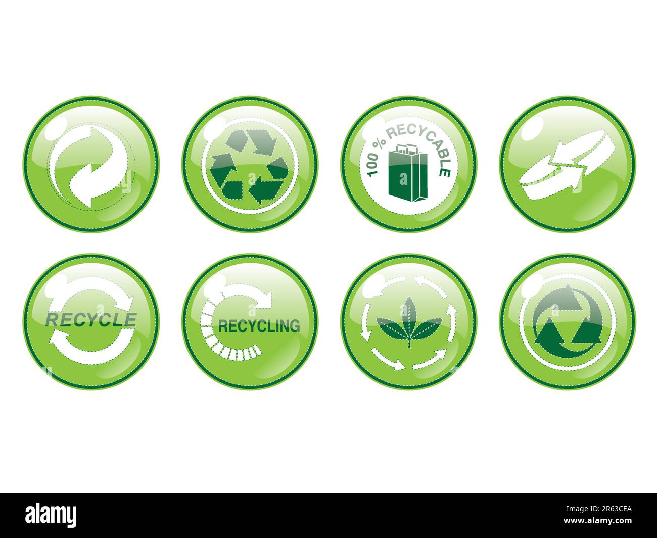 White background with eight different recycling glossy illustrations