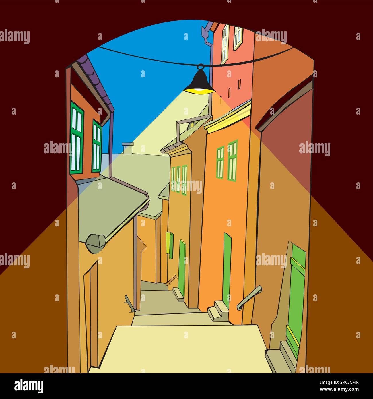 fully editable vector illustration of an old town by night Stock Vector