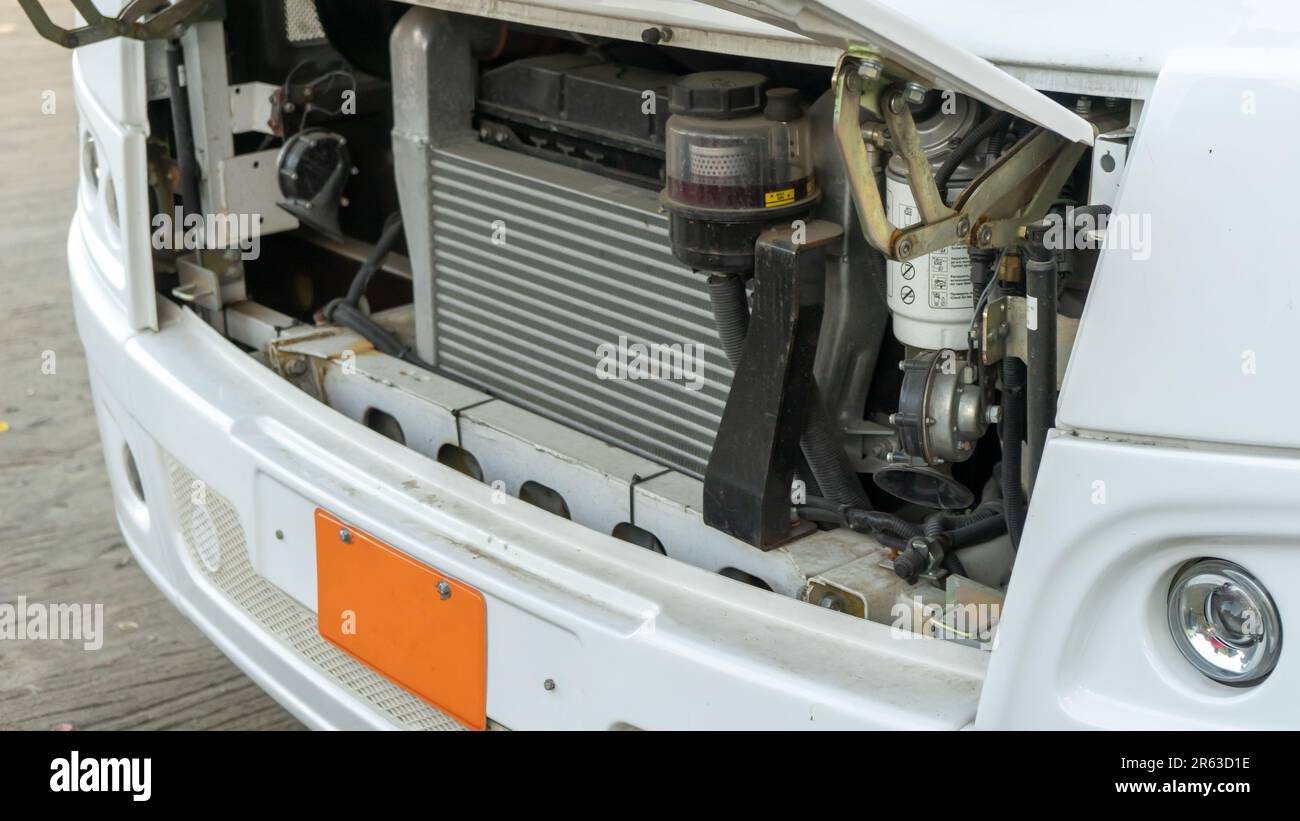 Inspection of the engine of a Russian public transport bus Stock Photo ...