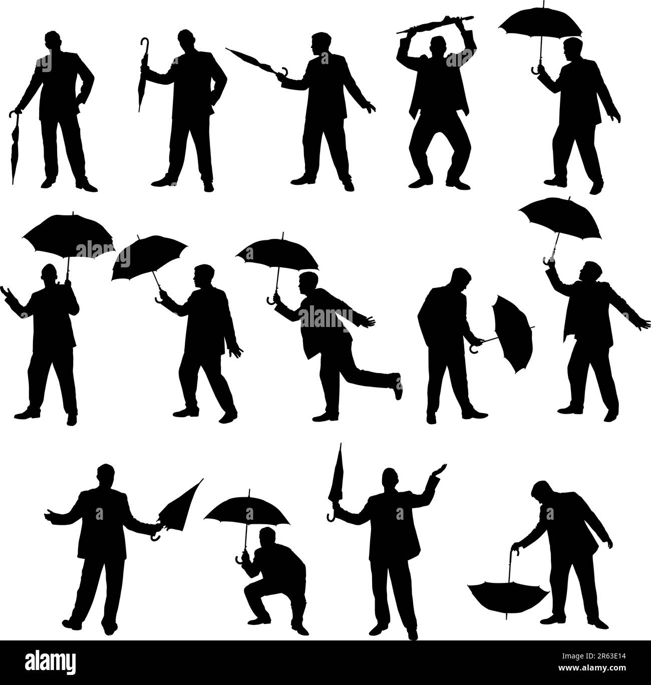 man with umbrella silhouettes Stock Vector