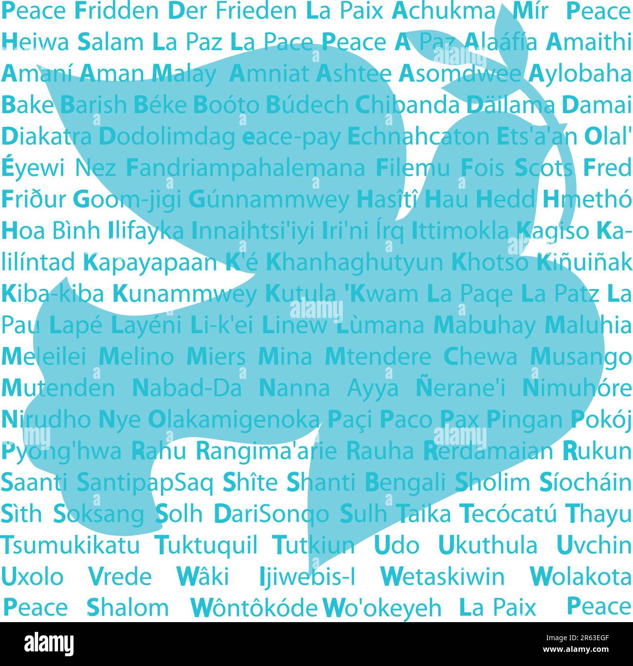 A silhouette of a dove carrying an olive branch over words meaning