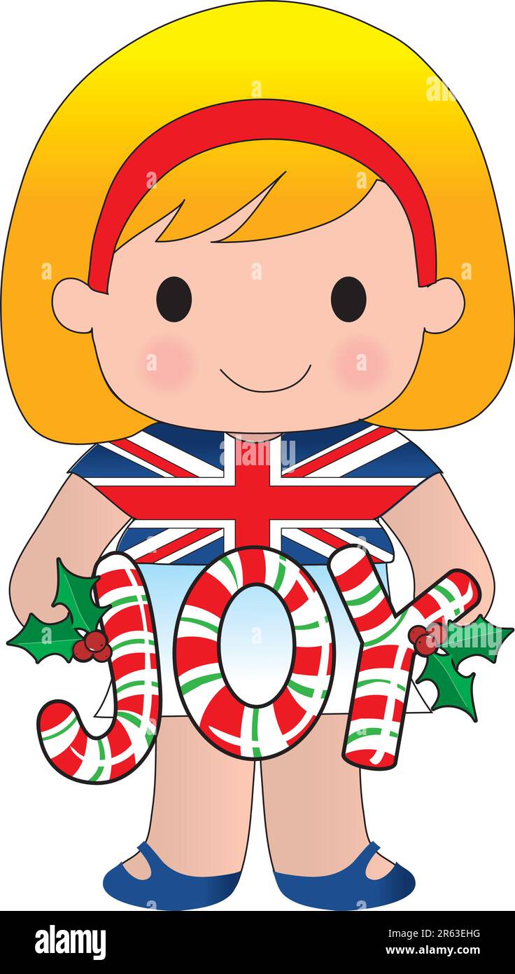 A cute little girl from Britain/England holding the word JOY made of