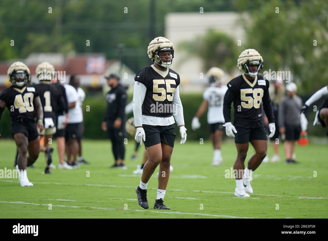 New Orleans Saints linebacker Isaiah Foskey (55) warms up during