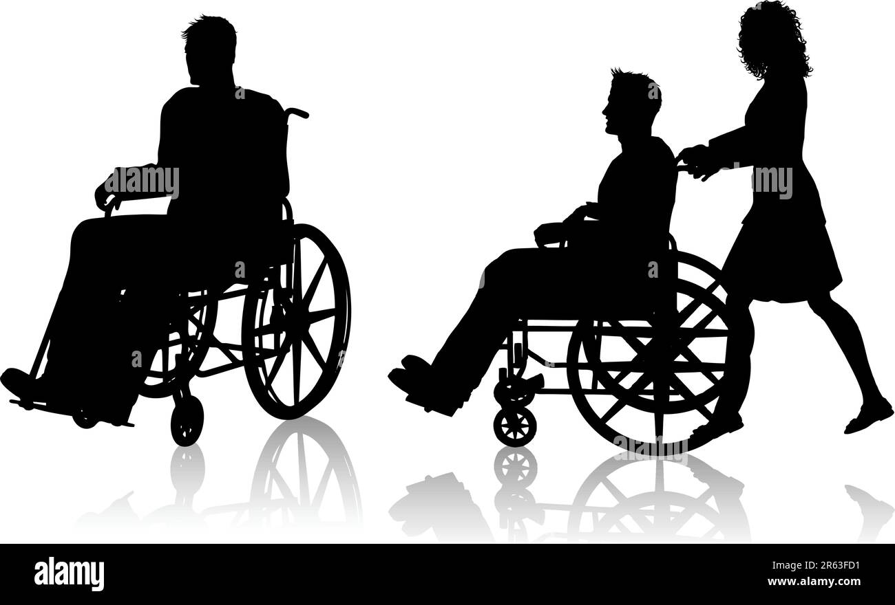 Silhouette of a man in a wheelchair and one with a woman pushing him Stock Vector