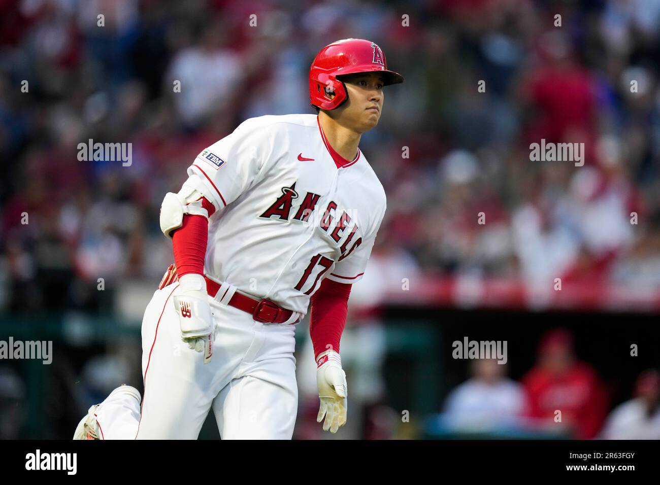 Los Angeles Angels' Shohei Ohtani watches his home run during the fourth  inning of a baseball game against the Chicago Cubs Tuesday, June 6, 2023,  in Anaheim, Calif. (AP Photo/Jae C. Hong
