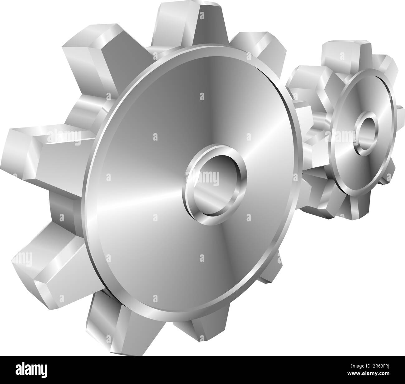 A pair of shiny silver steel metallic cog or gear wheels vector illustration with dynamic perspective. Can be used as an icon or illustration in it... Stock Vector