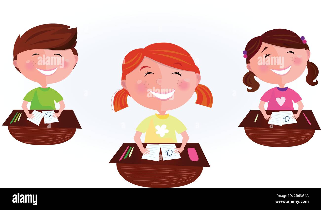 School is fun! Happy Boy and two girls sitting  in school classroom. Stylized vector cartoon illustration of classmates. Stock Vector