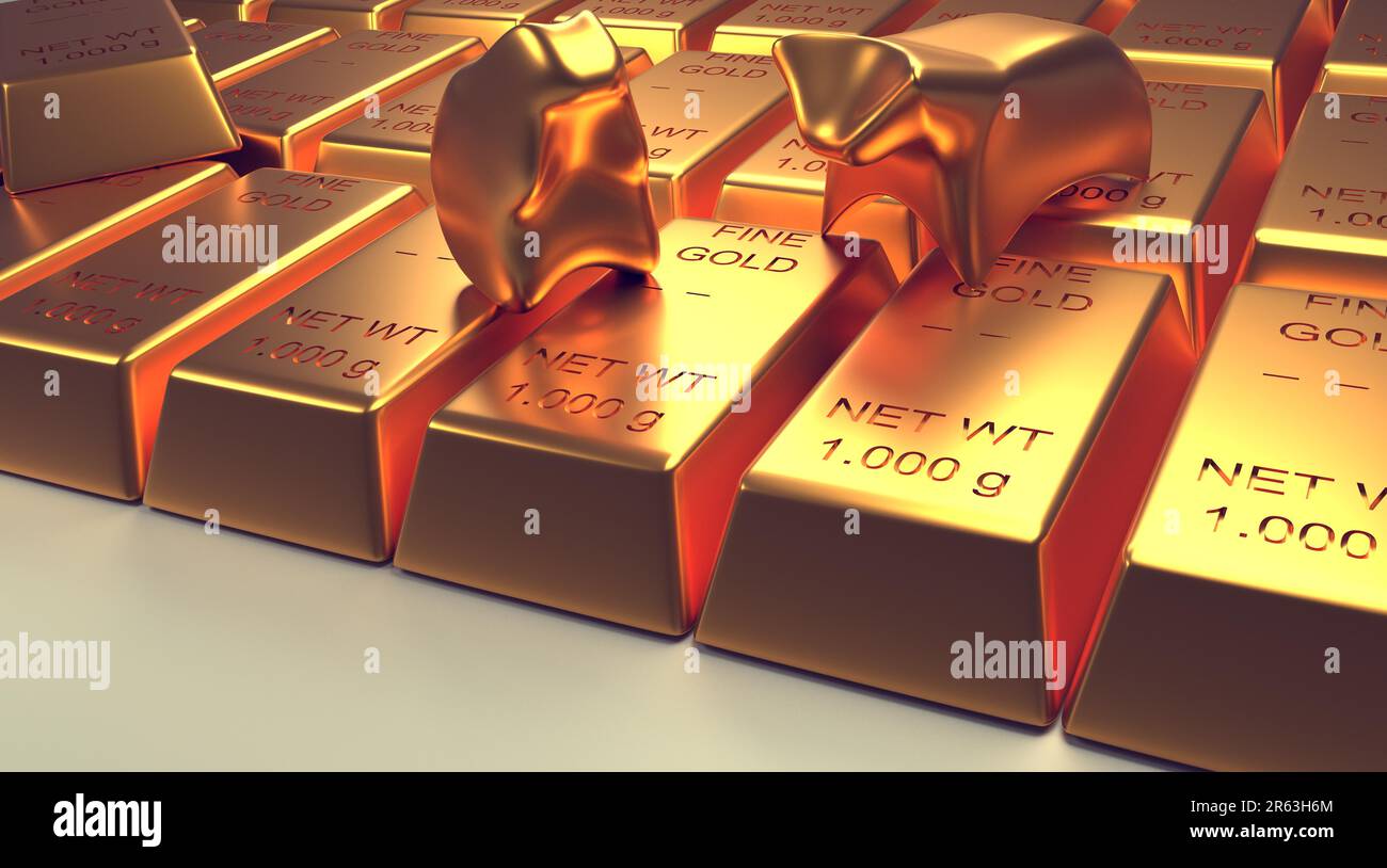 Stacked fine gold bars with abstract bear and bull on a bright background, 3d rendering, financial concept Stock Photo