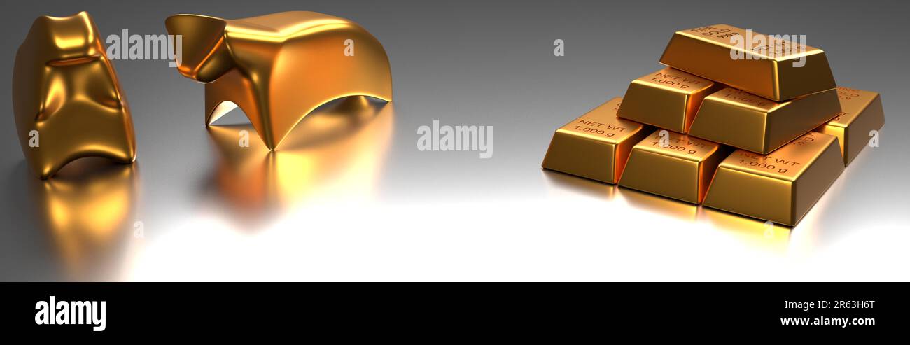 Bear and bull with stacked fine gold bars on a shiny background, 3d rendering, financial concept Stock Photo